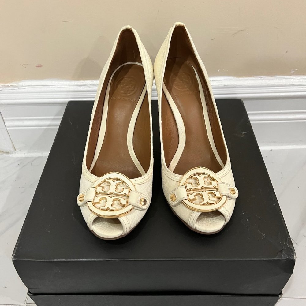 Tory Burch White Leather Peeptoe Wedge Boots/Booties